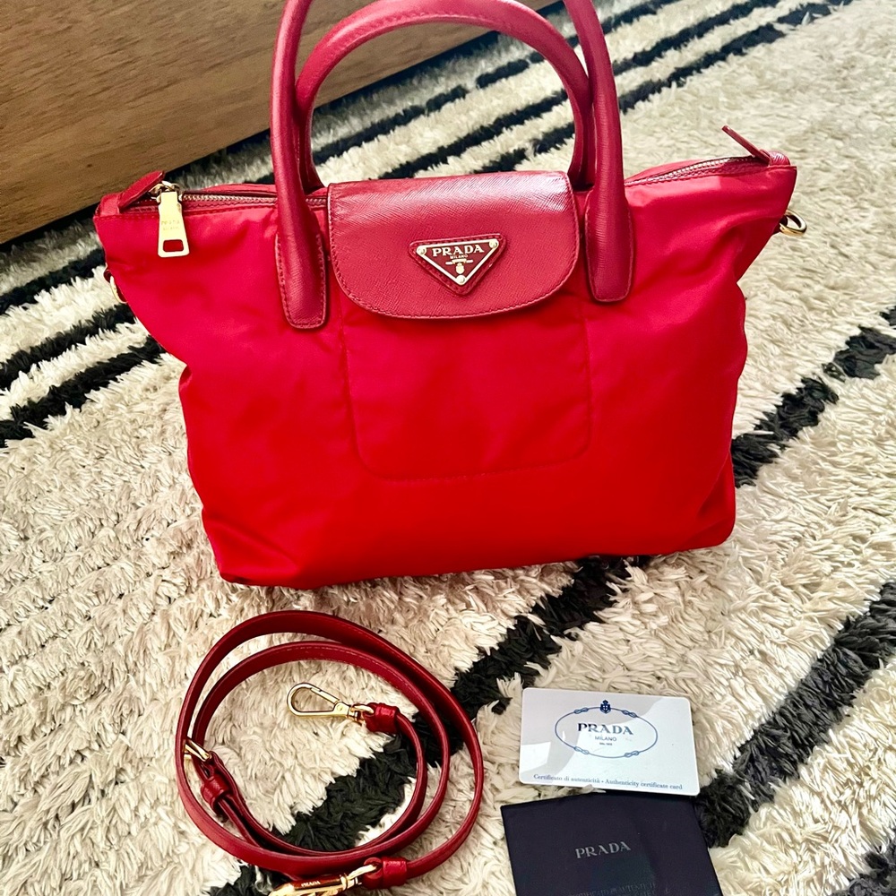PRADA Red Tessuto Nylon and Saffiano Leather Tote bag